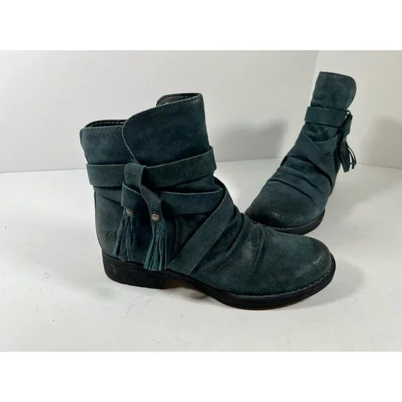 Born Womens Eton Ankle Boots Booties Blue Suede Straps Tasseled Block Heel  M